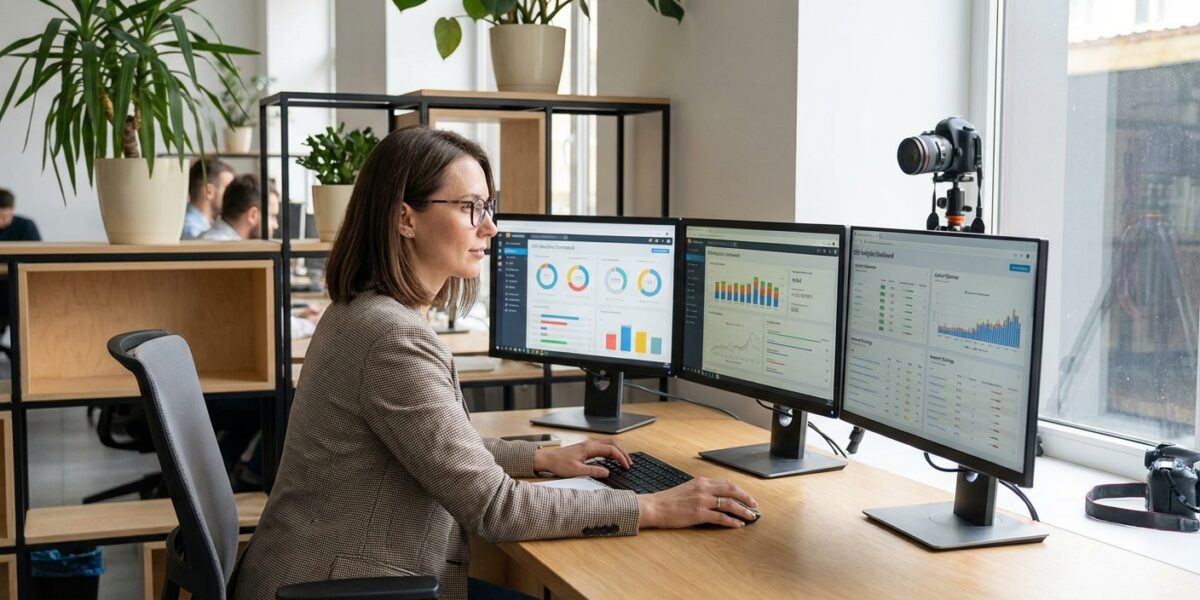 Professional marketing consultant working at a modern desk with multiple monitors showing SEO analyt