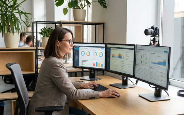 Professional marketing consultant working at a modern desk with multiple monitors showing SEO analyt