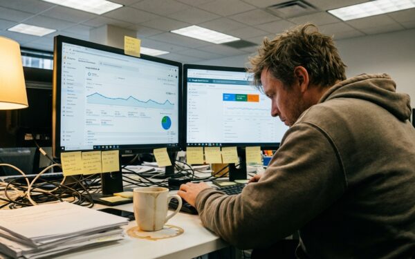 SEO professional working at cluttered desk with analytics dashboards