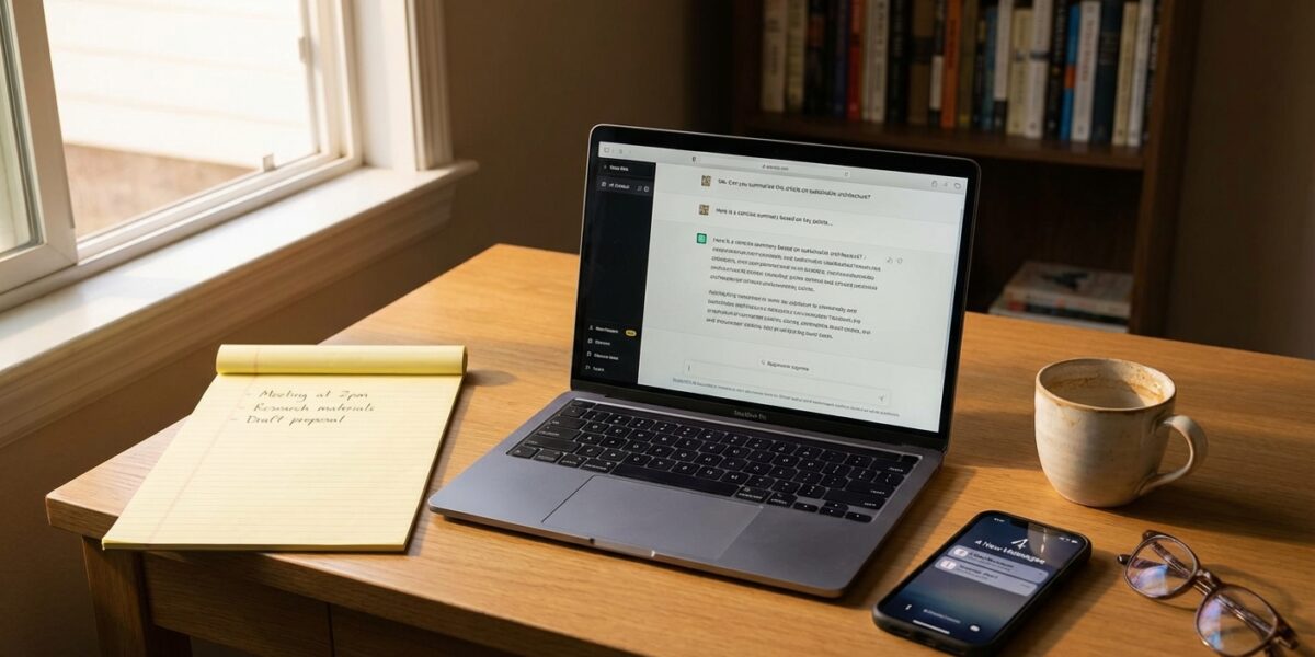 Laptop showing AI chatbot with notepad and coffee on wooden desk