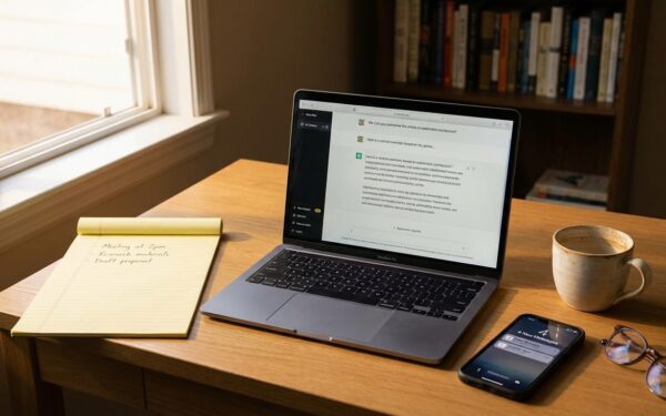 Laptop showing AI chatbot with notepad and coffee on wooden desk