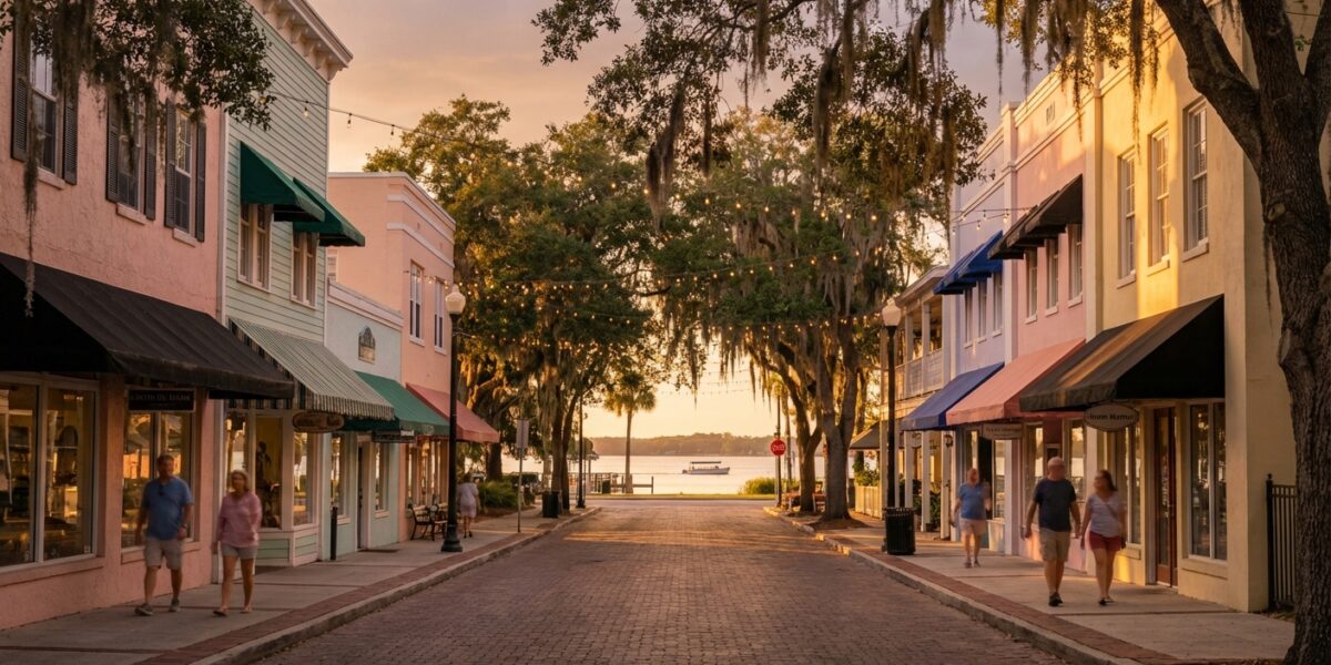 Historic downtown Mount Dora Florida at golden hour with Spanish moss and lake view