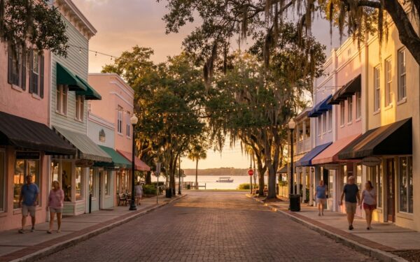 Historic downtown Mount Dora Florida at golden hour with Spanish moss and lake view