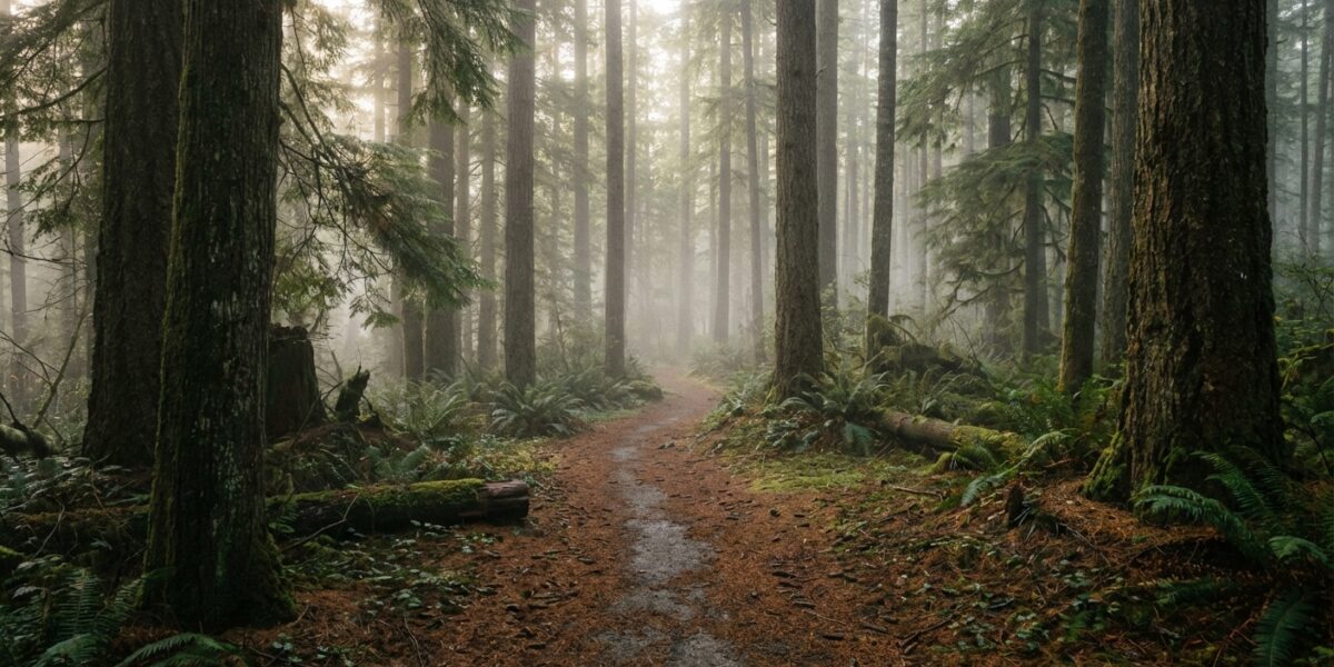 Misty forest path with morning light through pine trees