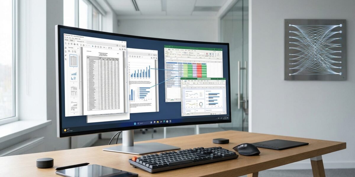 Modern computer workstation with multiple PDF documents displayed on screen, showing structured data