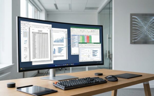Modern computer workstation with multiple PDF documents displayed on screen, showing structured data