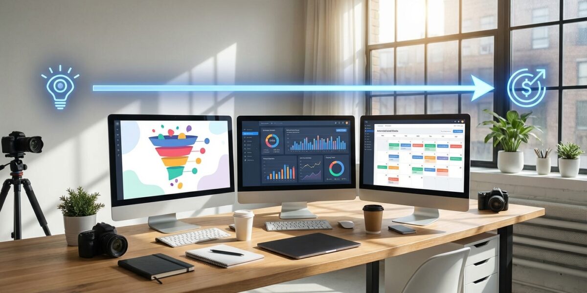 A clean, modern digital marketing workspace with multiple computer screens showing conversion funnel