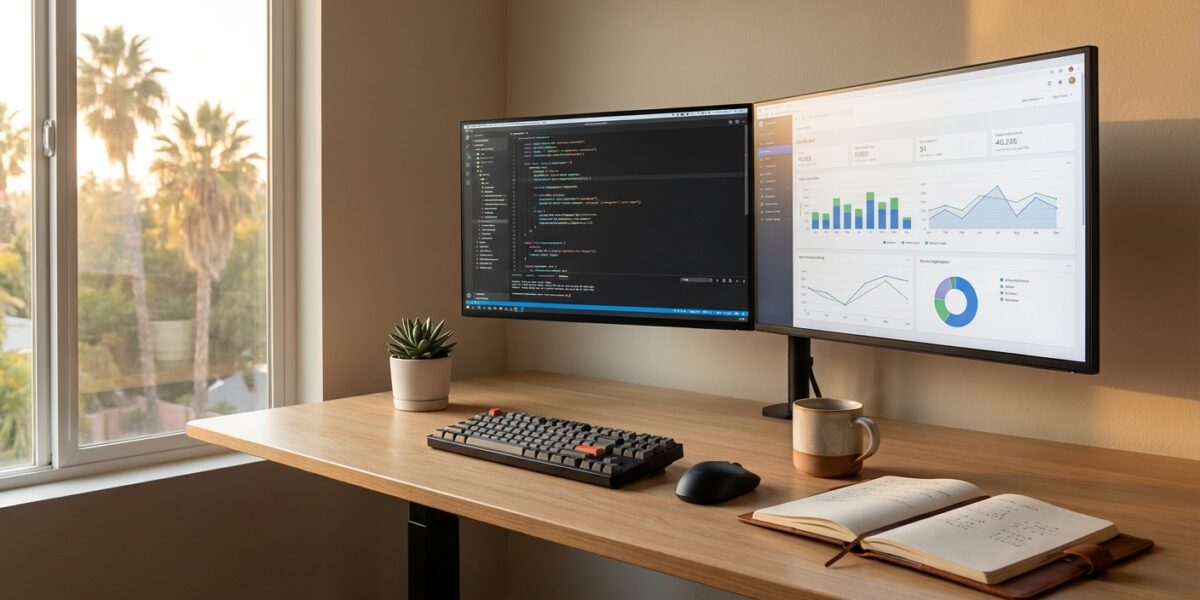 A clean, modern desk workspace with two side-by-side monitors displaying code and data outputs, surr
