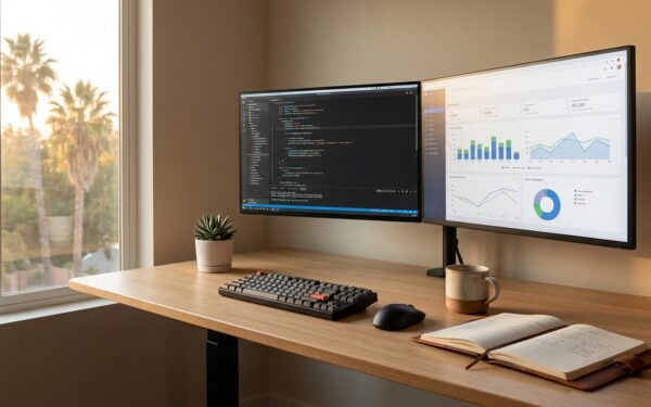 A clean, modern desk workspace with two side-by-side monitors displaying code and data outputs, surr