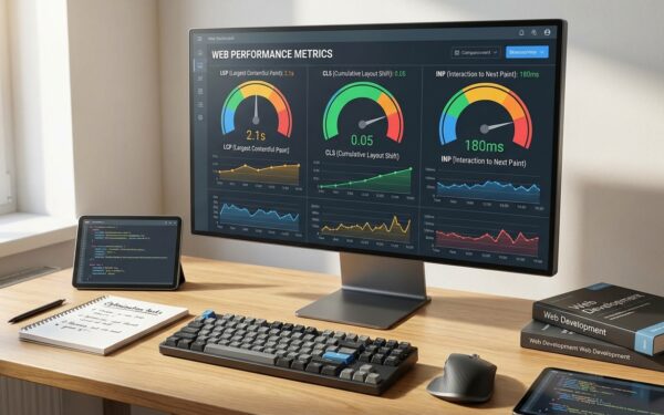 Modern computer monitor displaying website performance metrics dashboard with Core Web Vitals scores