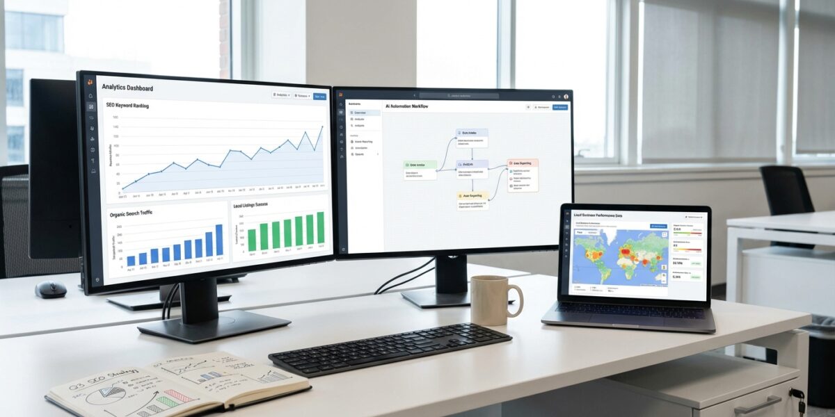 Modern office workspace with multiple computer screens displaying SEO analytics dashboards, AI autom