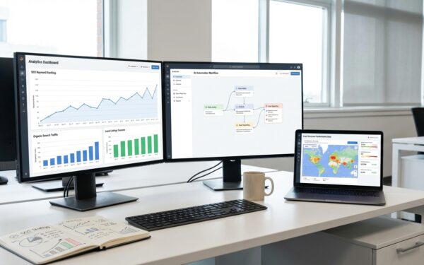 Modern office workspace with multiple computer screens displaying SEO analytics dashboards, AI autom