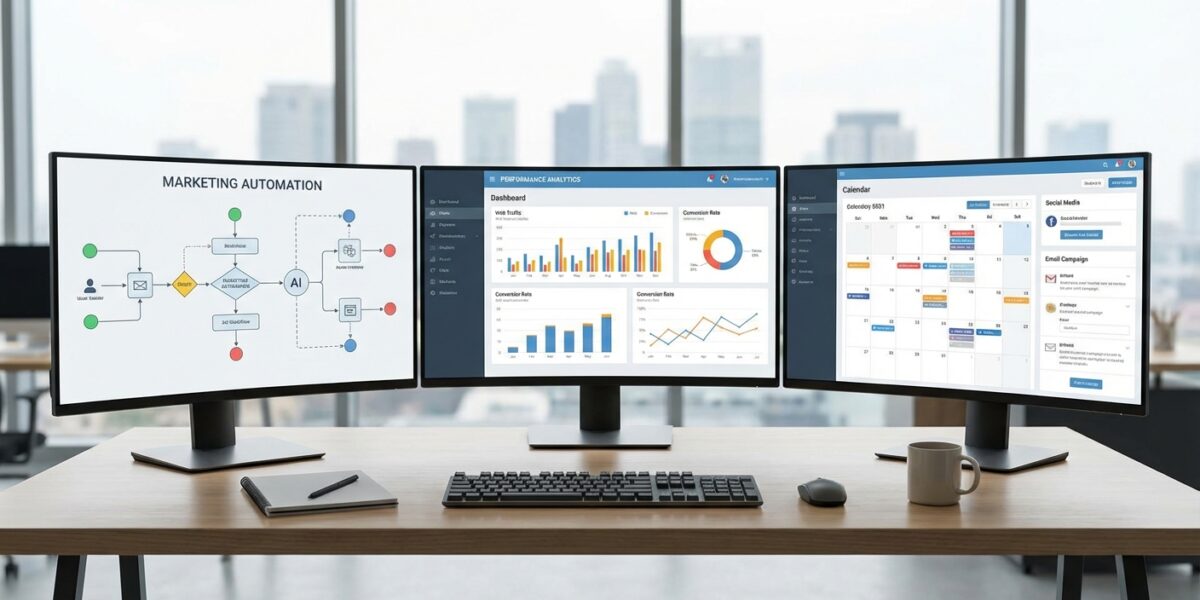A modern digital workspace showing multiple computer monitors displaying marketing dashboards, analy