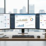 A modern digital workspace showing multiple computer monitors displaying marketing dashboards, analy