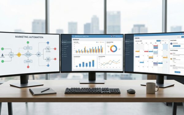A modern digital workspace showing multiple computer monitors displaying marketing dashboards, analy