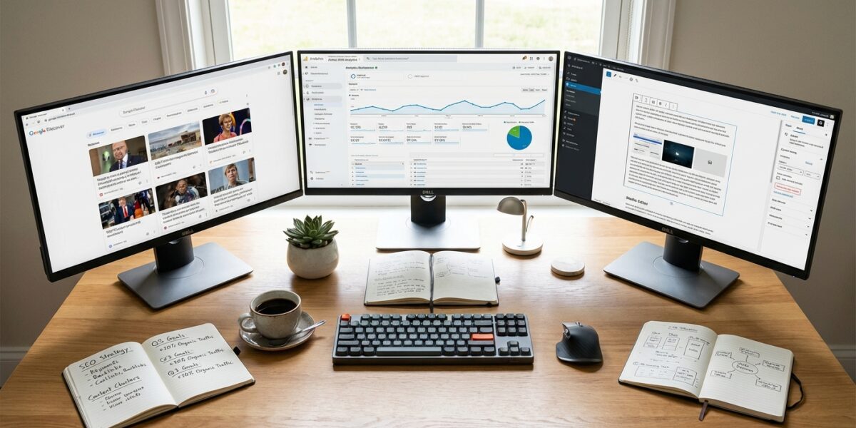 Clean modern workspace with multiple computer monitors displaying Google Discover feed interfaces, a