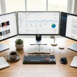 Clean modern workspace with multiple computer monitors displaying Google Discover feed interfaces, a