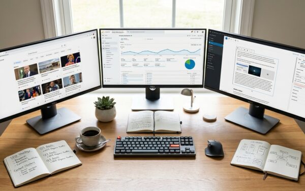 Clean modern workspace with multiple computer monitors displaying Google Discover feed interfaces, a