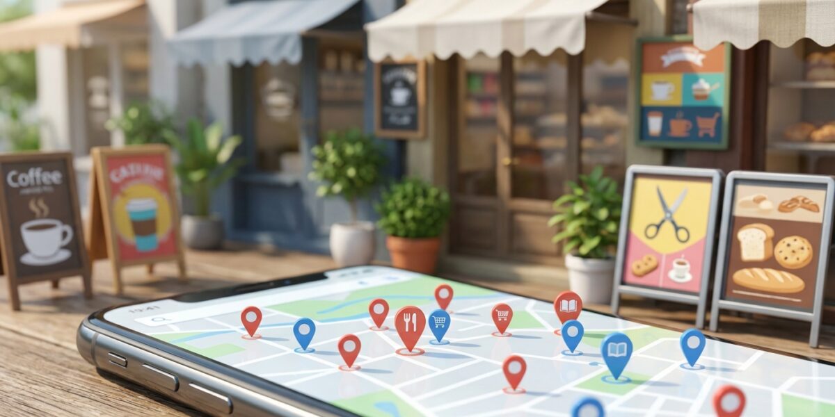 Modern smartphone displaying Google Maps interface with local business search results and map pins,