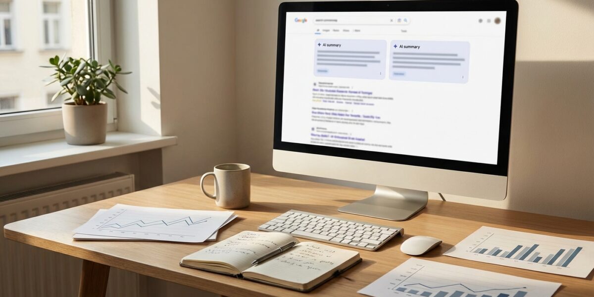 A clean, modern desk workspace with a large monitor showing a Google search results page with AI Ove