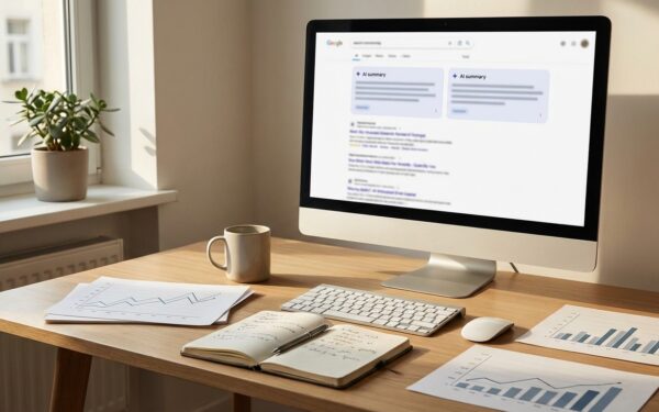A clean, modern desk workspace with a large monitor showing a Google search results page with AI Ove