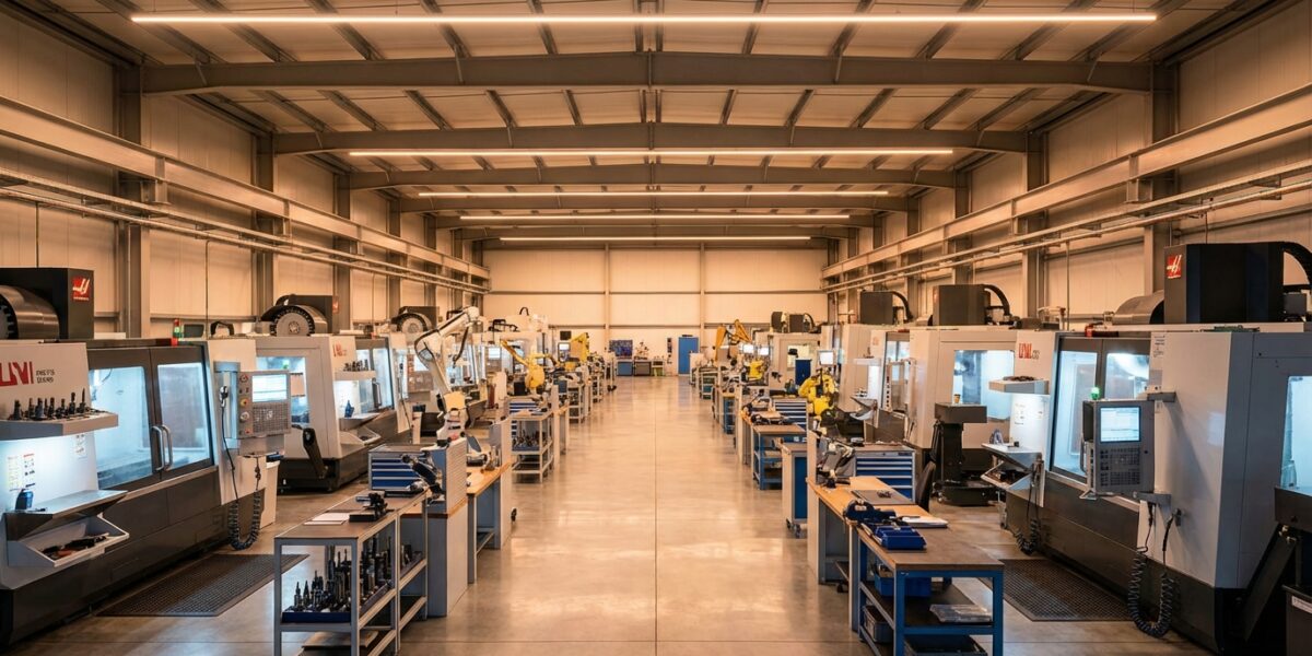 A modern industrial manufacturing facility floor with precision machinery and CNC equipment, clean a