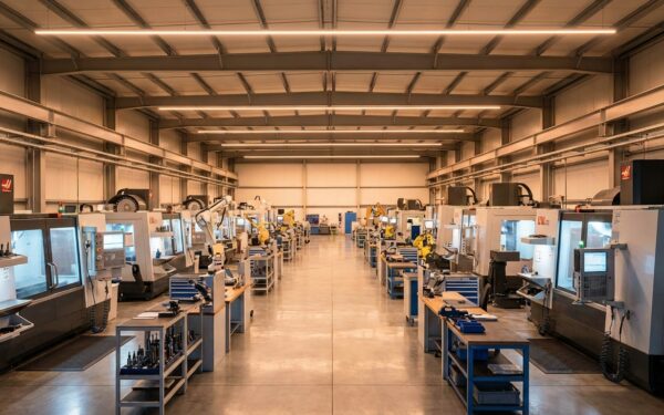 A modern industrial manufacturing facility floor with precision machinery and CNC equipment, clean a