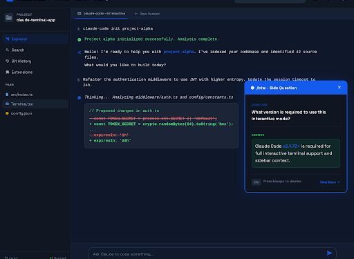 Claude Code /btw overlay showing a side question being answered without interrupting the main task