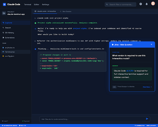 Claude Code /btw overlay showing a side question being answered without interrupting the main task