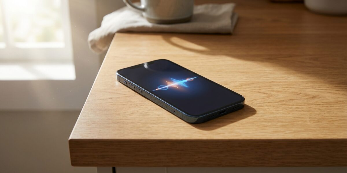 A modern smartphone resting on a wooden counter with a glowing voice assistant waveform on the scree