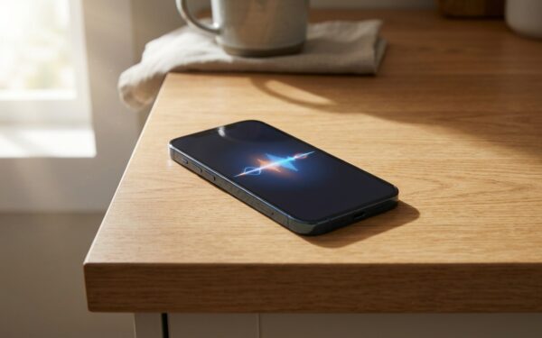 A modern smartphone resting on a wooden counter with a glowing voice assistant waveform on the scree