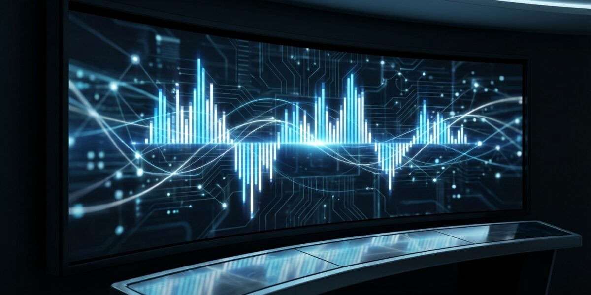 A dramatic digital visualization of search engine ranking fluctuations — glowing bar charts rising a