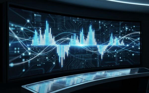 A dramatic digital visualization of search engine ranking fluctuations — glowing bar charts rising a