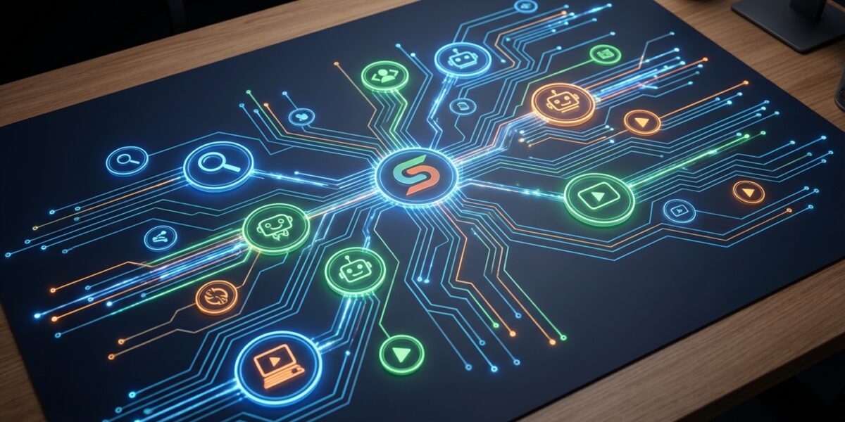 A wide-angle overhead shot of a glowing digital map showing interconnected nodes labeled with platfo