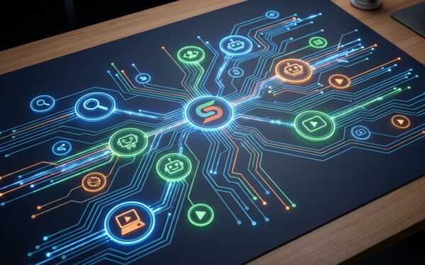A wide-angle overhead shot of a glowing digital map showing interconnected nodes labeled with platfo