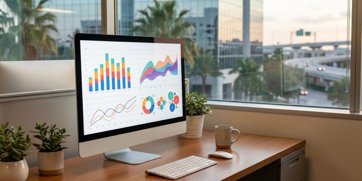 A clean, modern analytics dashboard on a large monitor showing multiple data visualizations — bar ch