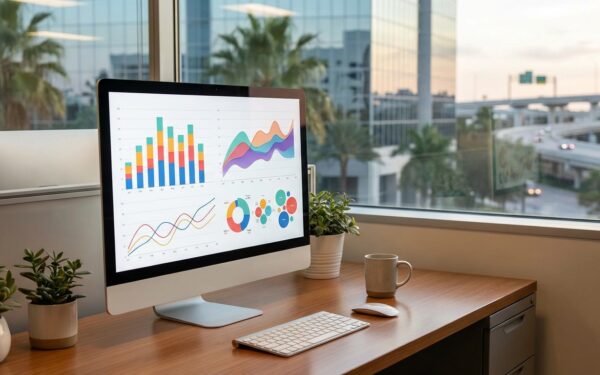 A clean, modern analytics dashboard on a large monitor showing multiple data visualizations — bar ch