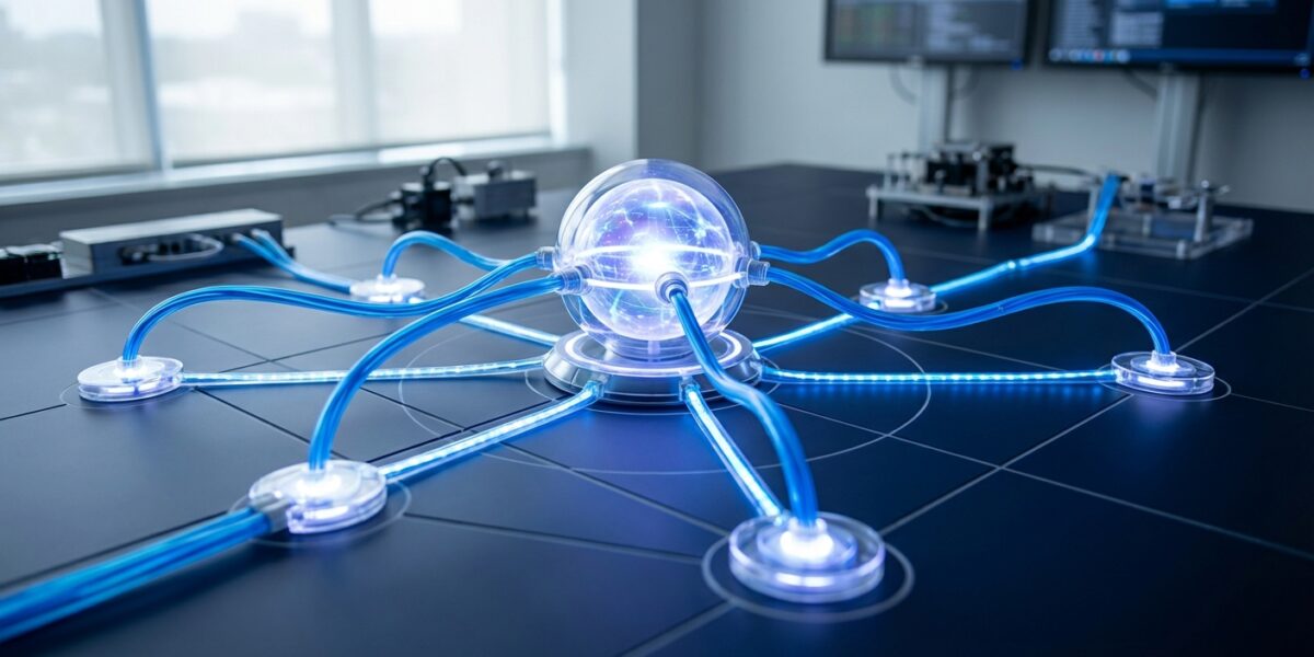 A clean, modern network diagram visualizing a hub-and-spoke website architecture, with glowing nodes