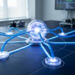 A clean, modern network diagram visualizing a hub-and-spoke website architecture, with glowing nodes