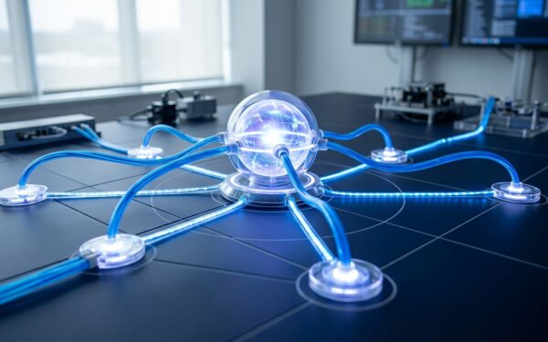 A clean, modern network diagram visualizing a hub-and-spoke website architecture, with glowing nodes