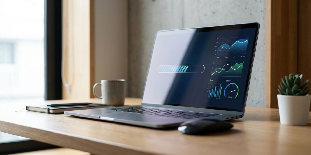 Close-up of a web browser loading bar on a laptop screen showing performance metrics and speed graph