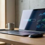 Close-up of a web browser loading bar on a laptop screen showing performance metrics and speed graph