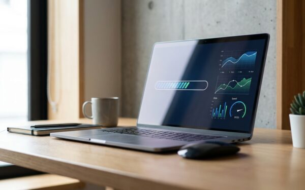 Close-up of a web browser loading bar on a laptop screen showing performance metrics and speed graph