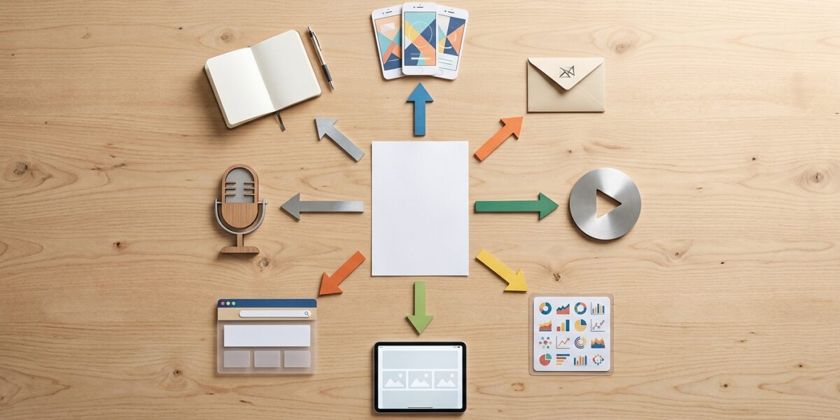 A clean flat-lay of a single printed document in the center of a wooden desk, with arrows radiating