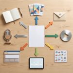 A clean flat-lay of a single printed document in the center of a wooden desk, with arrows radiating