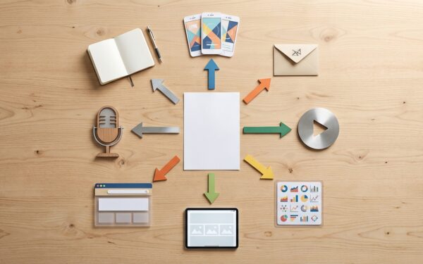 A clean flat-lay of a single printed document in the center of a wooden desk, with arrows radiating