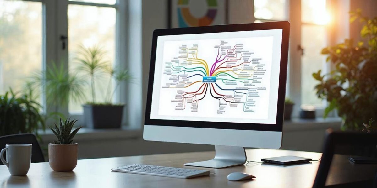 A clean, modern desk workspace with a large monitor displaying a colorful mind map or content cluste