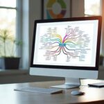 A clean, modern desk workspace with a large monitor displaying a colorful mind map or content cluste