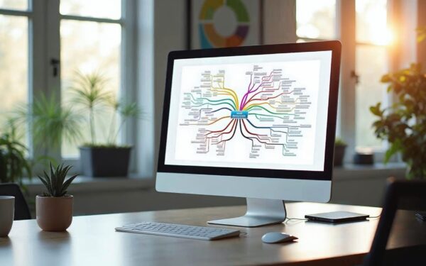 A clean, modern desk workspace with a large monitor displaying a colorful mind map or content cluste