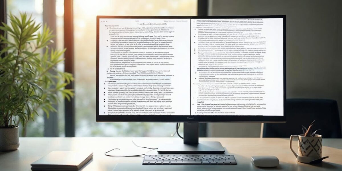 A clean, modern desk setup with a large monitor displaying a split-screen comparison of a long detai